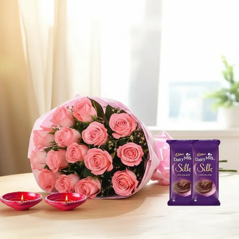 Flower Bouquet With Chocolates & Diyas