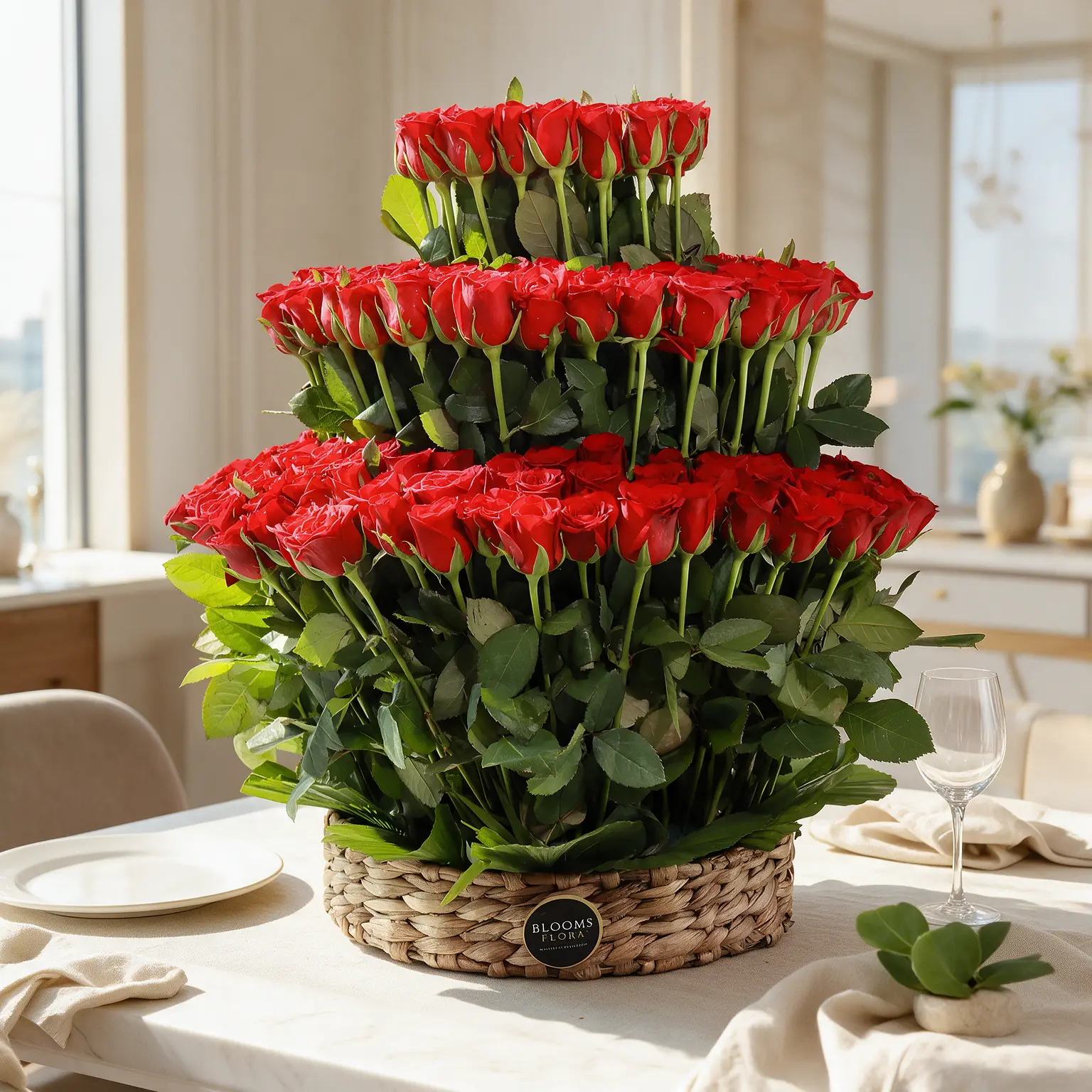 3 tier 100 red roses in a basket
