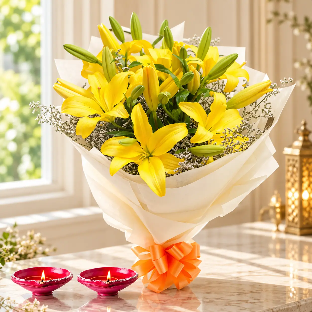 Yellow Lilies Bouquet with Diyas
