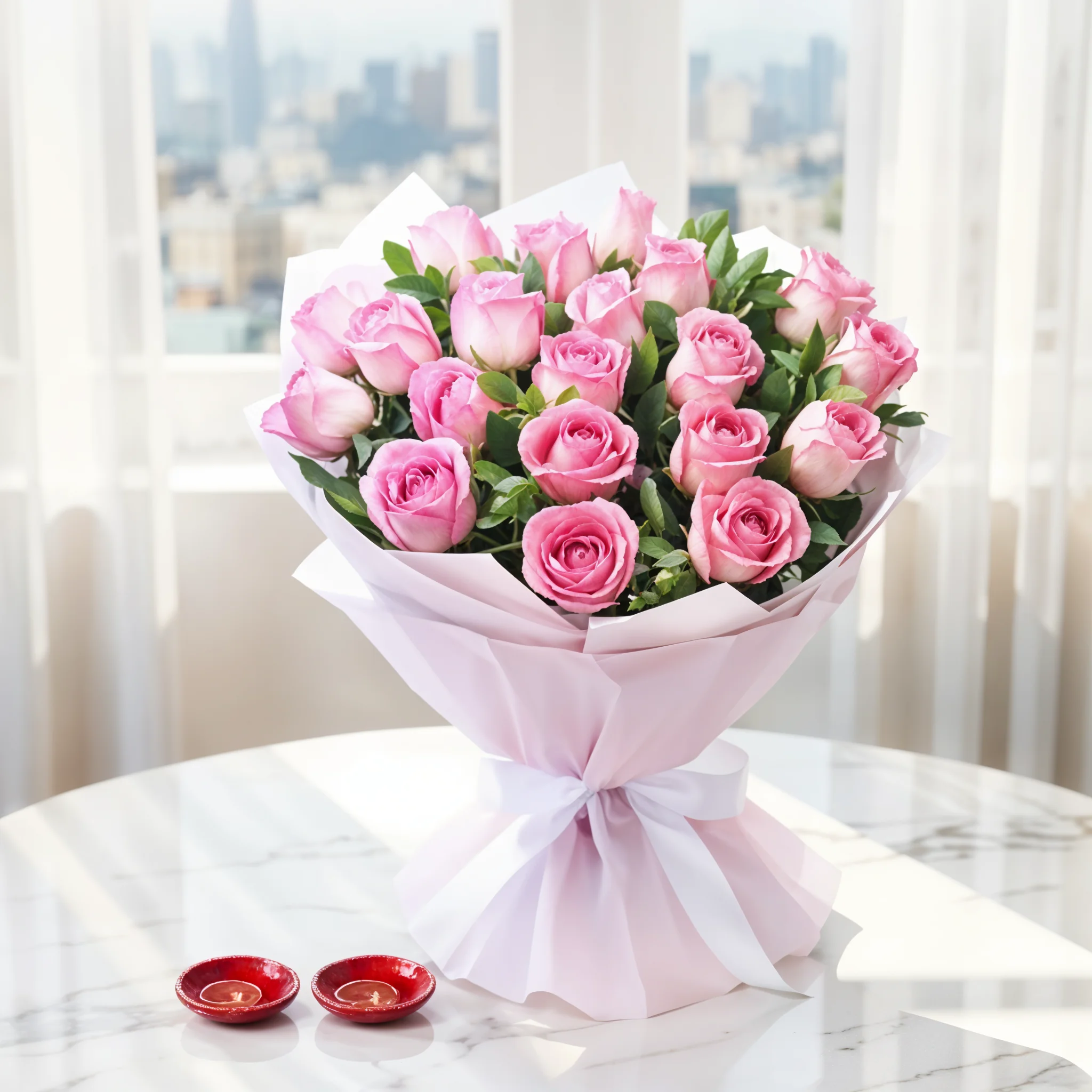 Pink Roses Bouquet & Diyas
