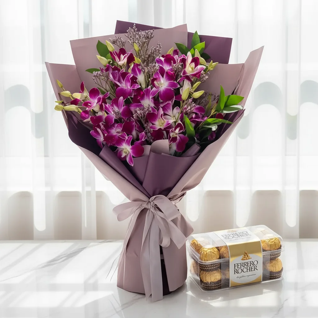 purple orchids bouquet with ferrero rocher chocolates