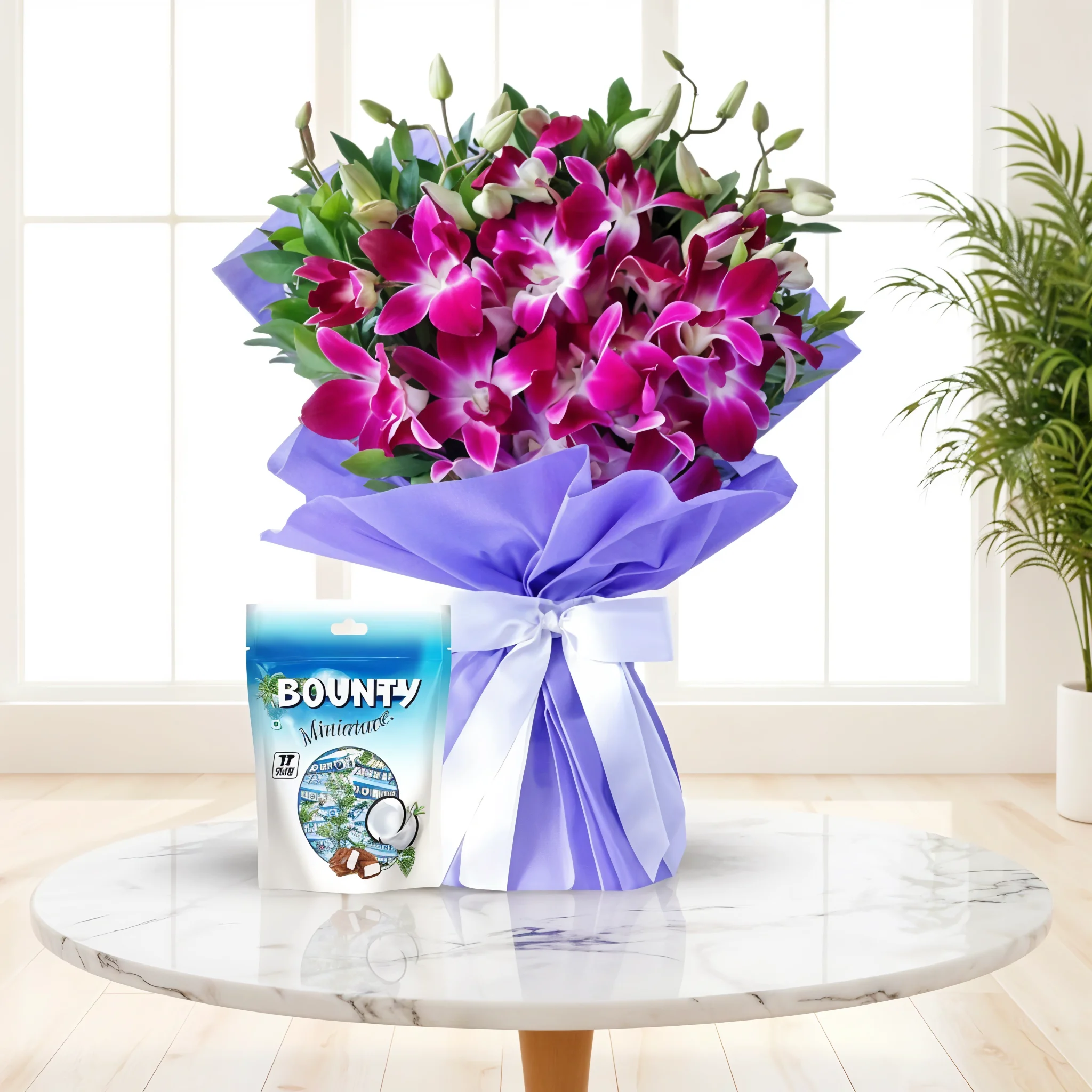 6 purple orchids bouquet with bounty mini chocolate