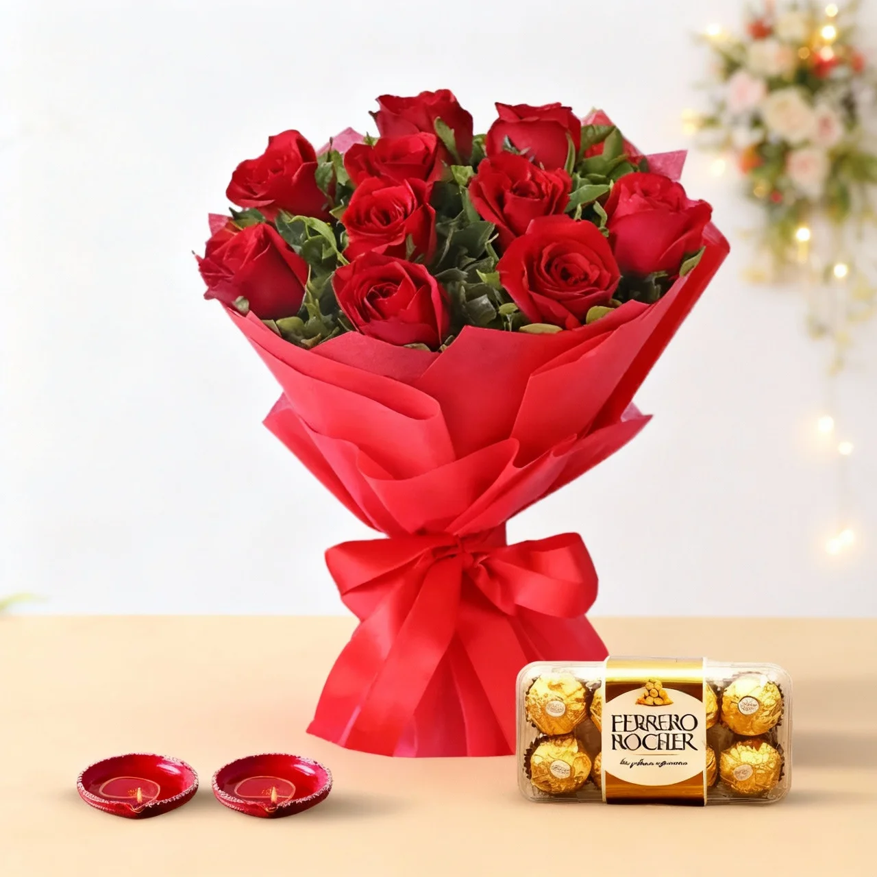 Bouquet with Chocolates & Diyas