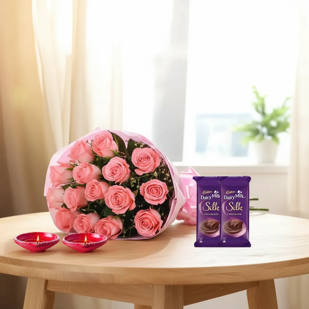 Flower Bouquet With Chocolates & Diyas