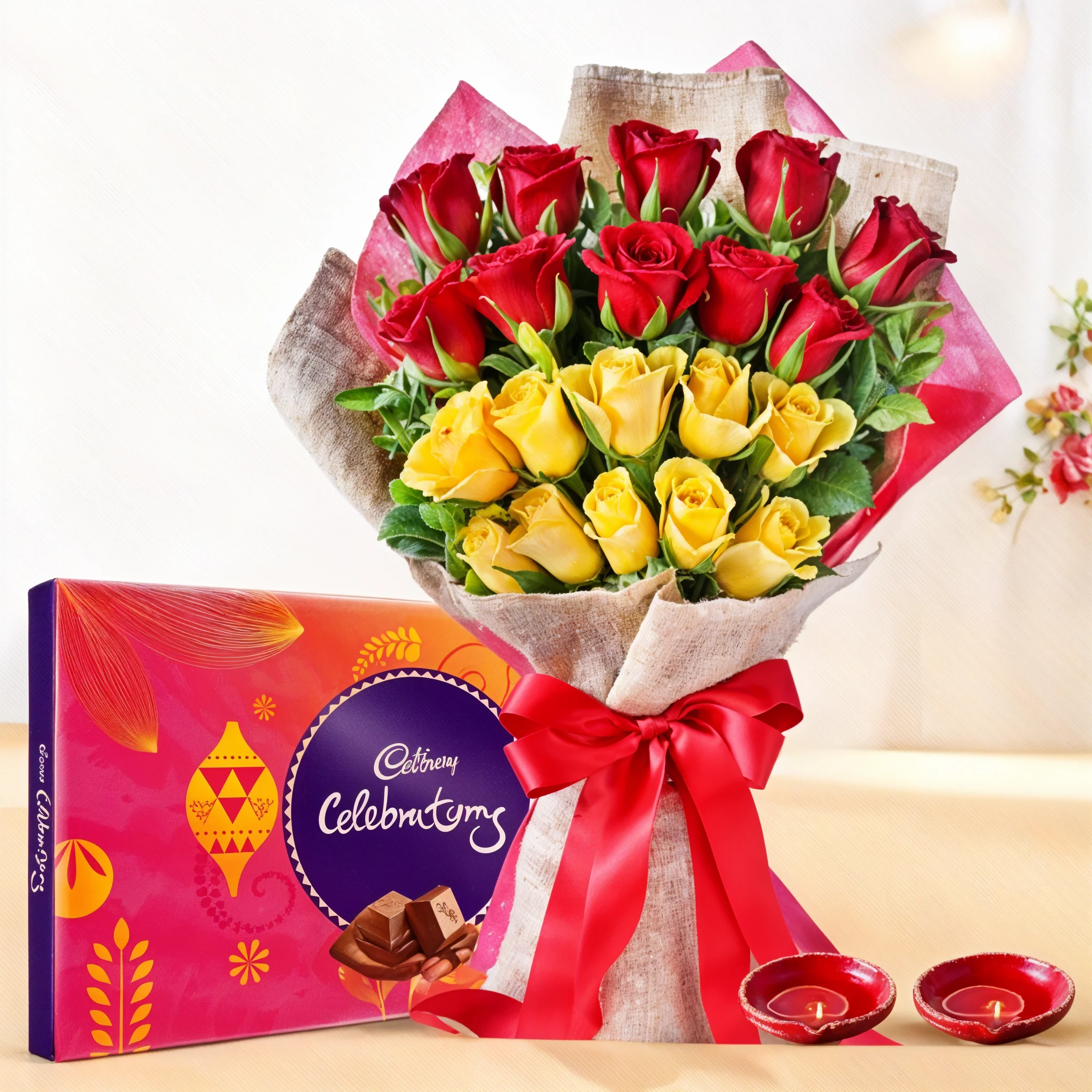 Flowers With Chocolate & diyas