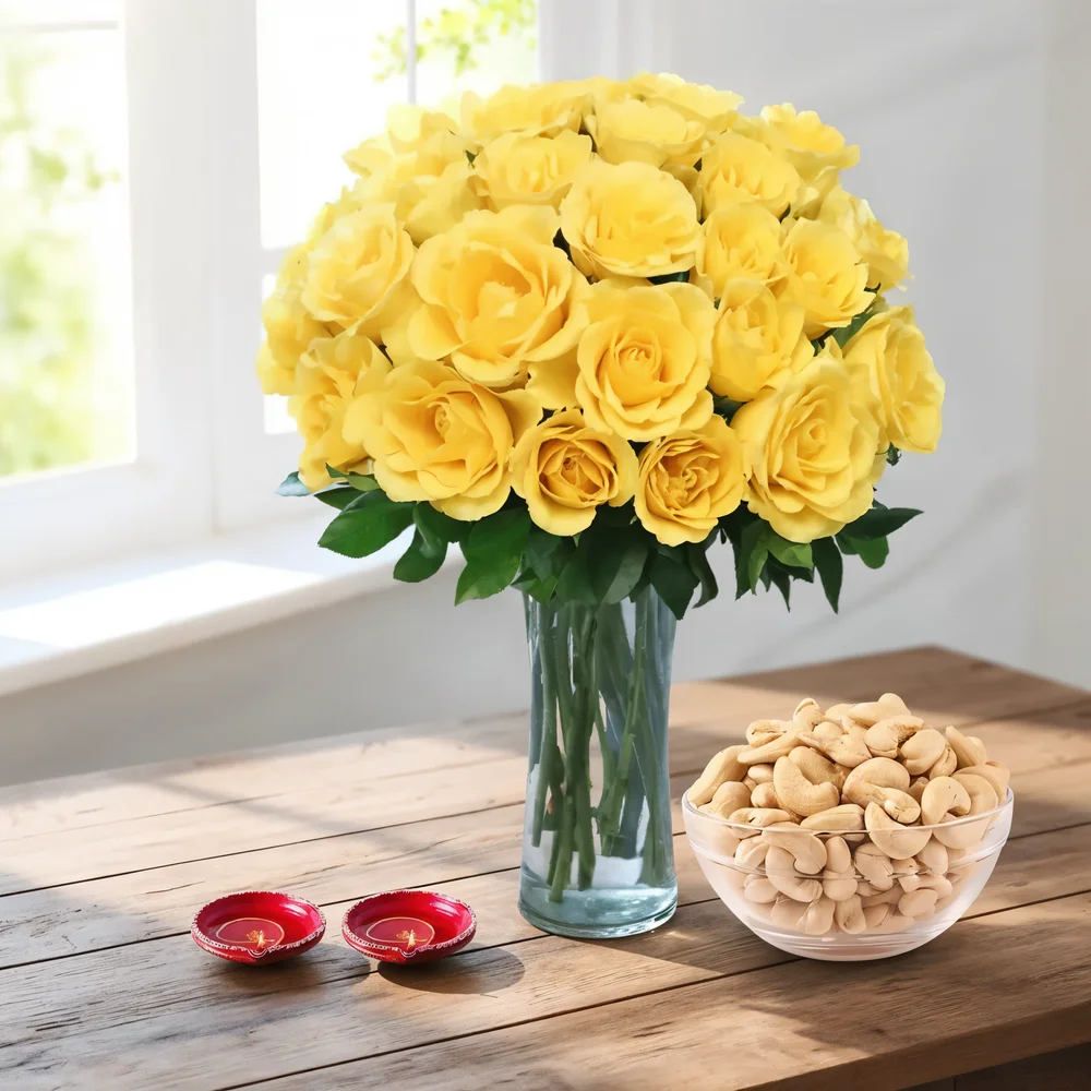 Roses Bouquet With Cashew & Diyas