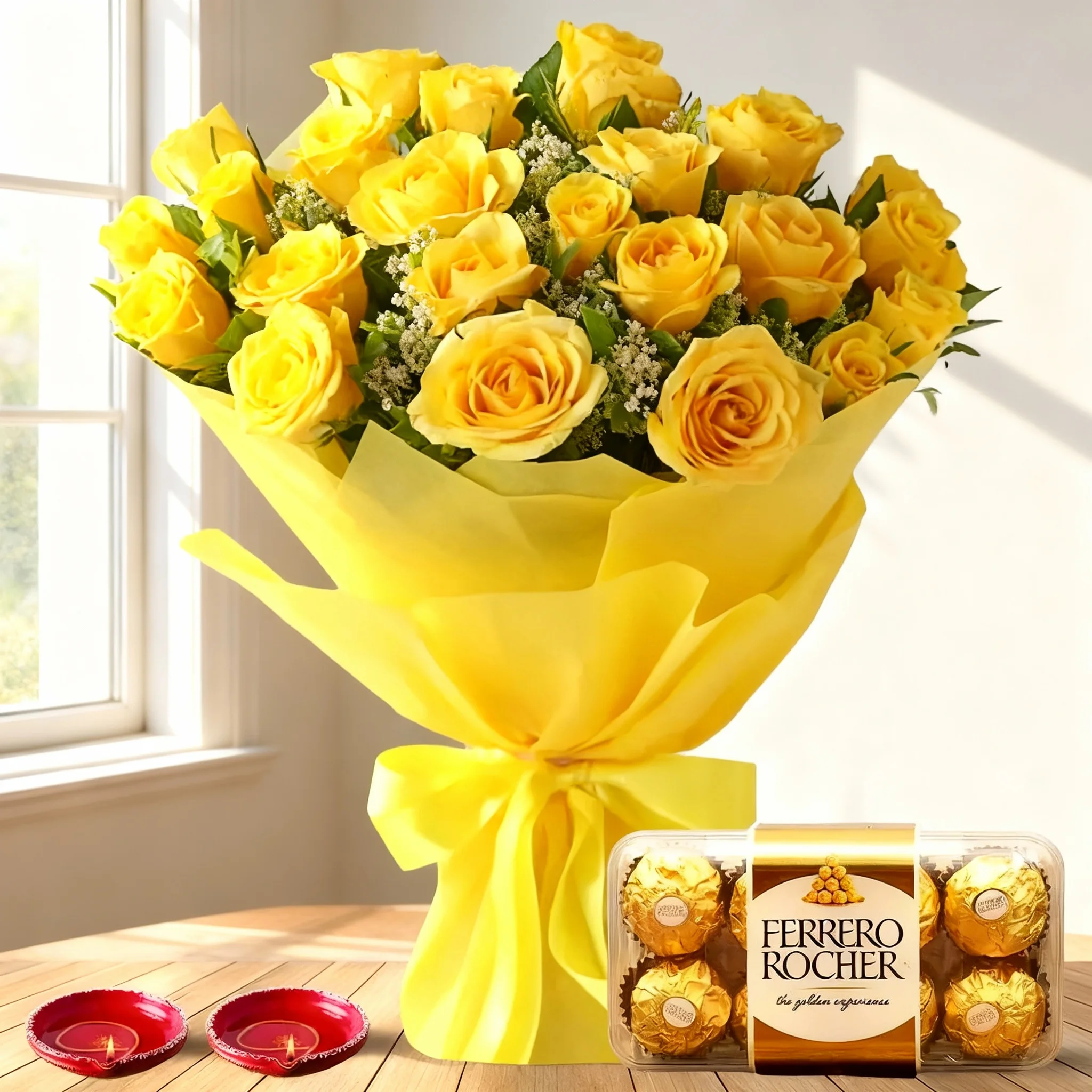 Roses Bouquet with Chocolates & Diyas