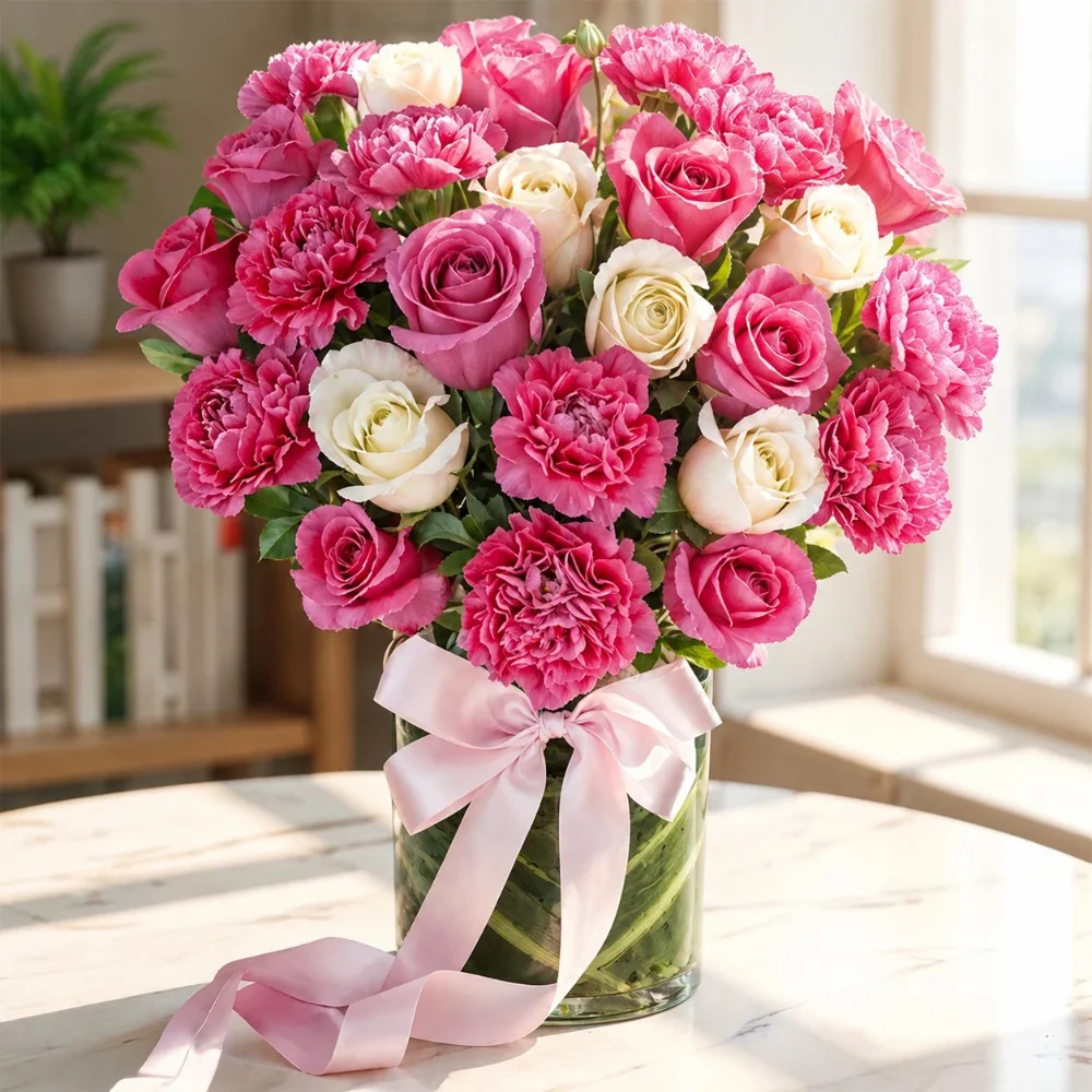 10 pink carnations, 6 white roses and 6 pink roses in a vase