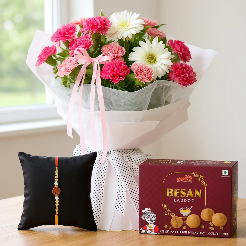 Bouquet of Carnations and gerberas with Laddu & Rakhi