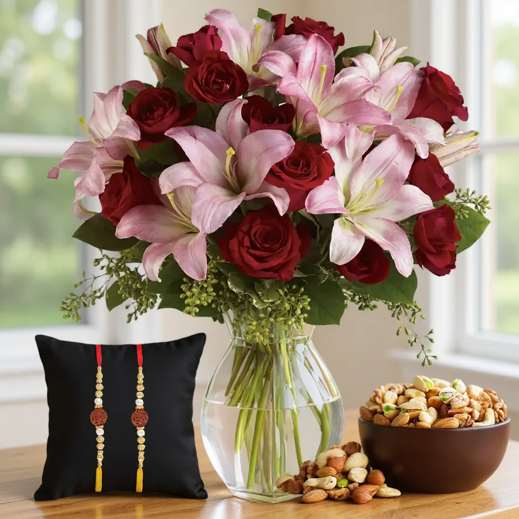 Bouquet of Roses & Lilies with Mixed Dry Fruits and Free Rakhis