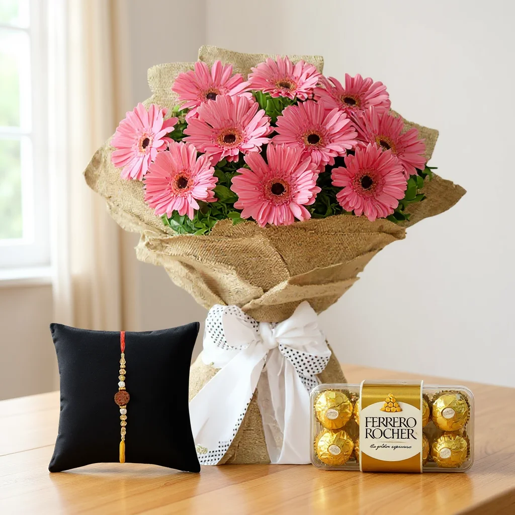 Bunch of Pink Gerberas & Chocolates with Free Rakhi