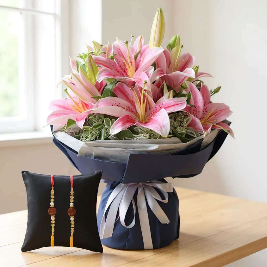 Bunch of Pink Lilies with Free Rakhis
