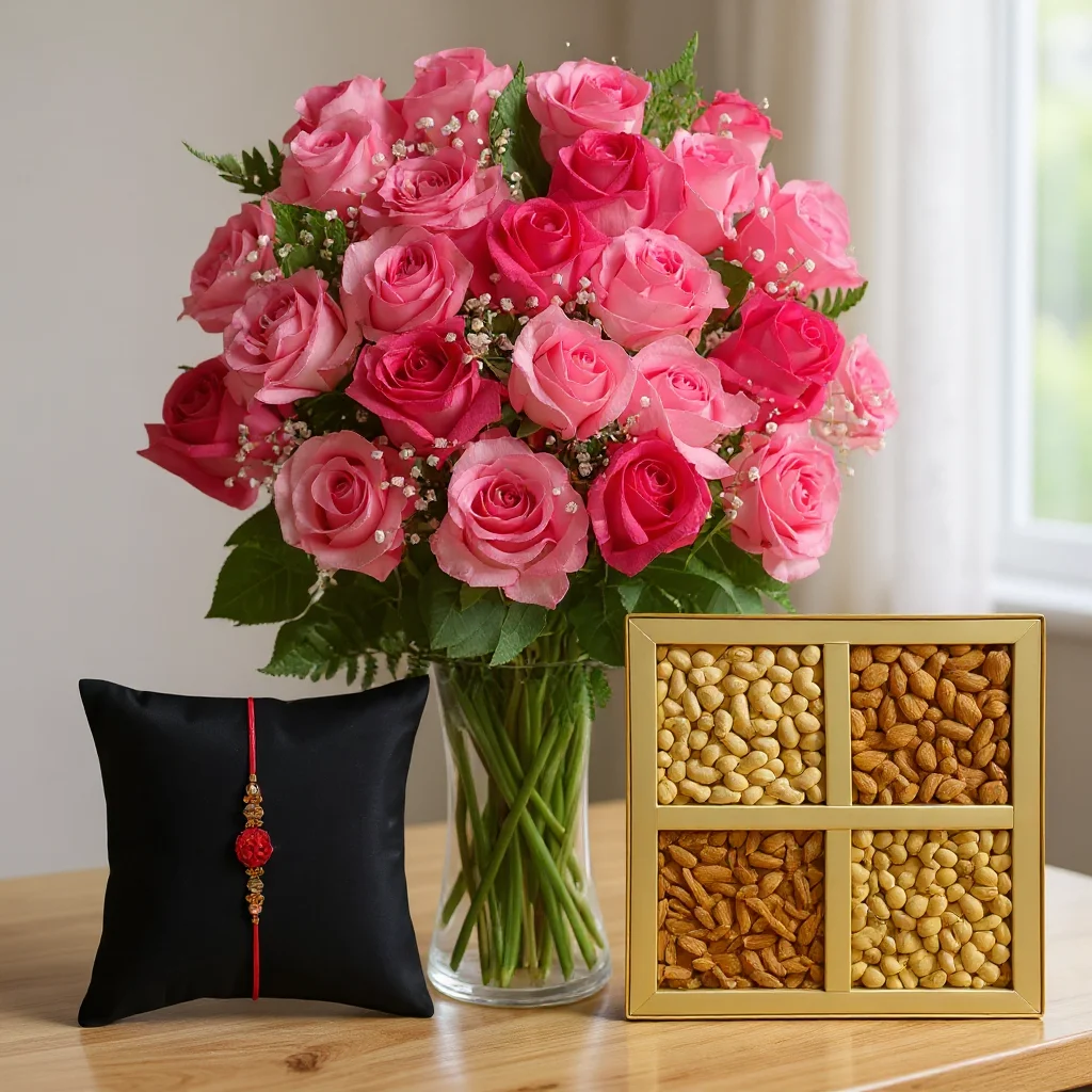 Pink Roses in a Vase and Dry Fruits with Free Rakhi